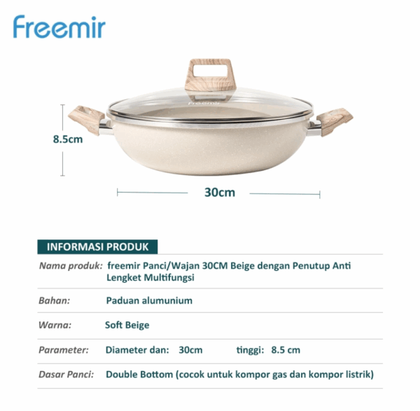 Freemir Wajan Panci 30cm Double Buttom Granit Anti Lengket Serbaguna - Beige