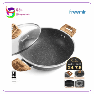 Freemir Wajan Penggorengan Kuping 24cm Tutup Kaca Marble Coating (A27401)  - Hitam